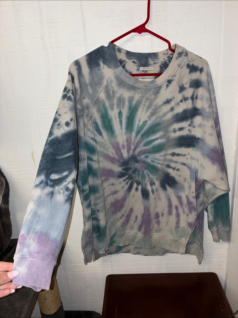 American Eagle Outfitters Tie-Dye Crewneck Sweater in Green, Purple & Gray